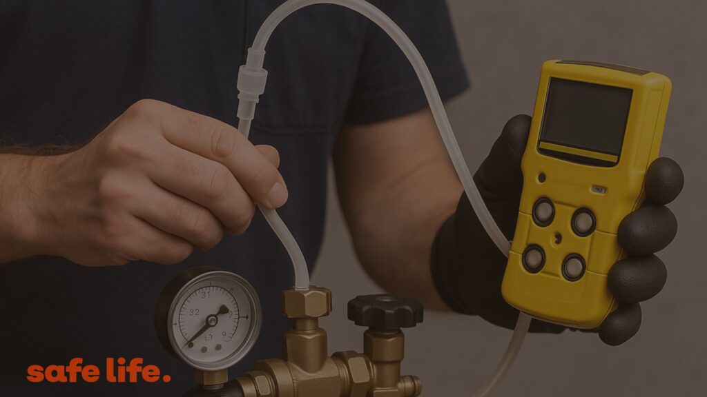 Pracownik wykonujący kalibrację detektora gazu w porównaniu do testu uderzeniowego bump test.